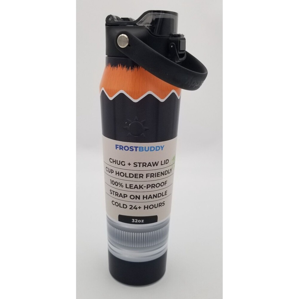 Frost Buddy 32 oz Insultated Water Bottle w/ Straw & Chug Lid Black Pencil